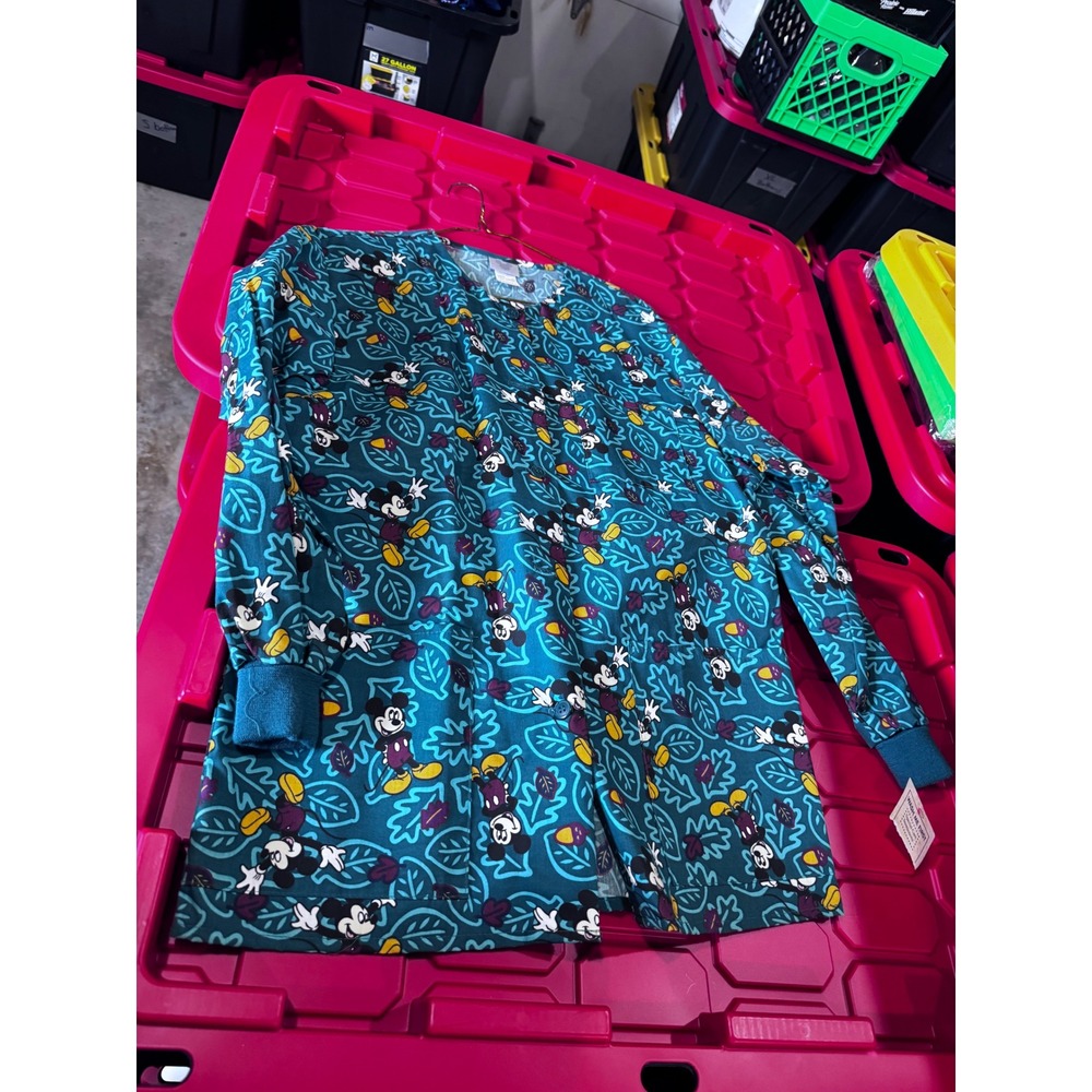Disney Mickey Mouse Scrub Jacket Teal Leaf Print Snap Front XS D4536 NWT